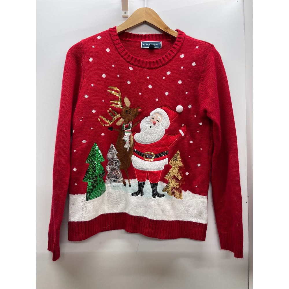 Karen Scott Women Red Santa Reindeer‎ Sequin Christmas Sweater Medium VTG